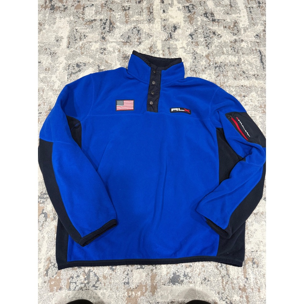 RLX Ralph Lauren Mens Blue Fleece Snap Pullover USA Flag Patch XL